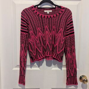 Women's Retro Textured Knit Crop Chevron Sweater Pink Gray Black Boho Chic USA